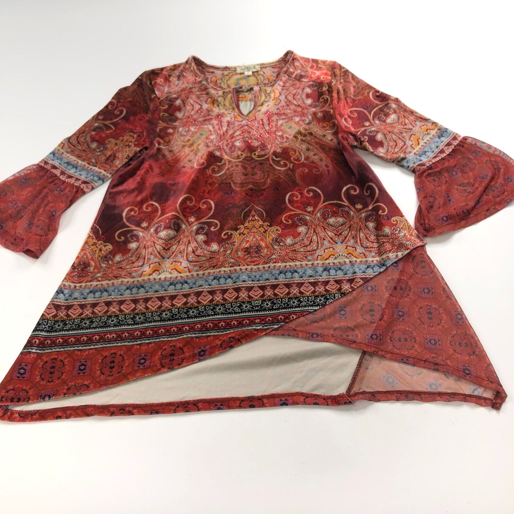 One World Small Pullover Button Top Blouse All Over Print Bell Sleeve Batik